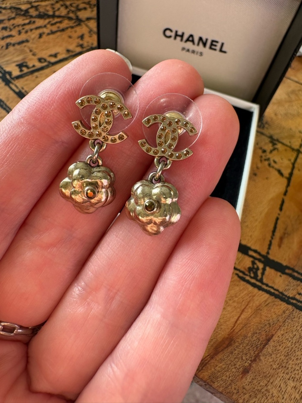 CHANEL champagne Gold Camellia Drop Earrings with CC Logo